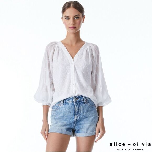 Alice + Olivia **NWT** Lang Embroidered Button Down Blouse in White - Picture 5 of 12